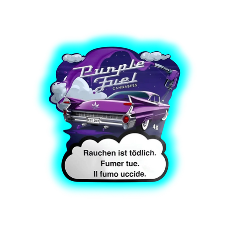 Nahaufnahme: Purple Fuel. Retro-Auto-Illustration mit lila Lackierung und Heckflossen vor Wolken und Mond.