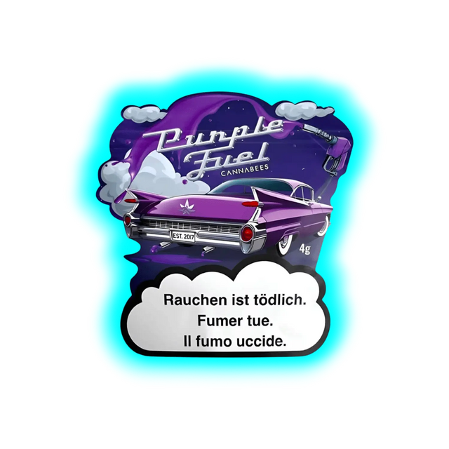 Nahaufnahme: Purple Fuel. Retro-Auto-Illustration mit lila Lackierung und Heckflossen vor Wolken und Mond.