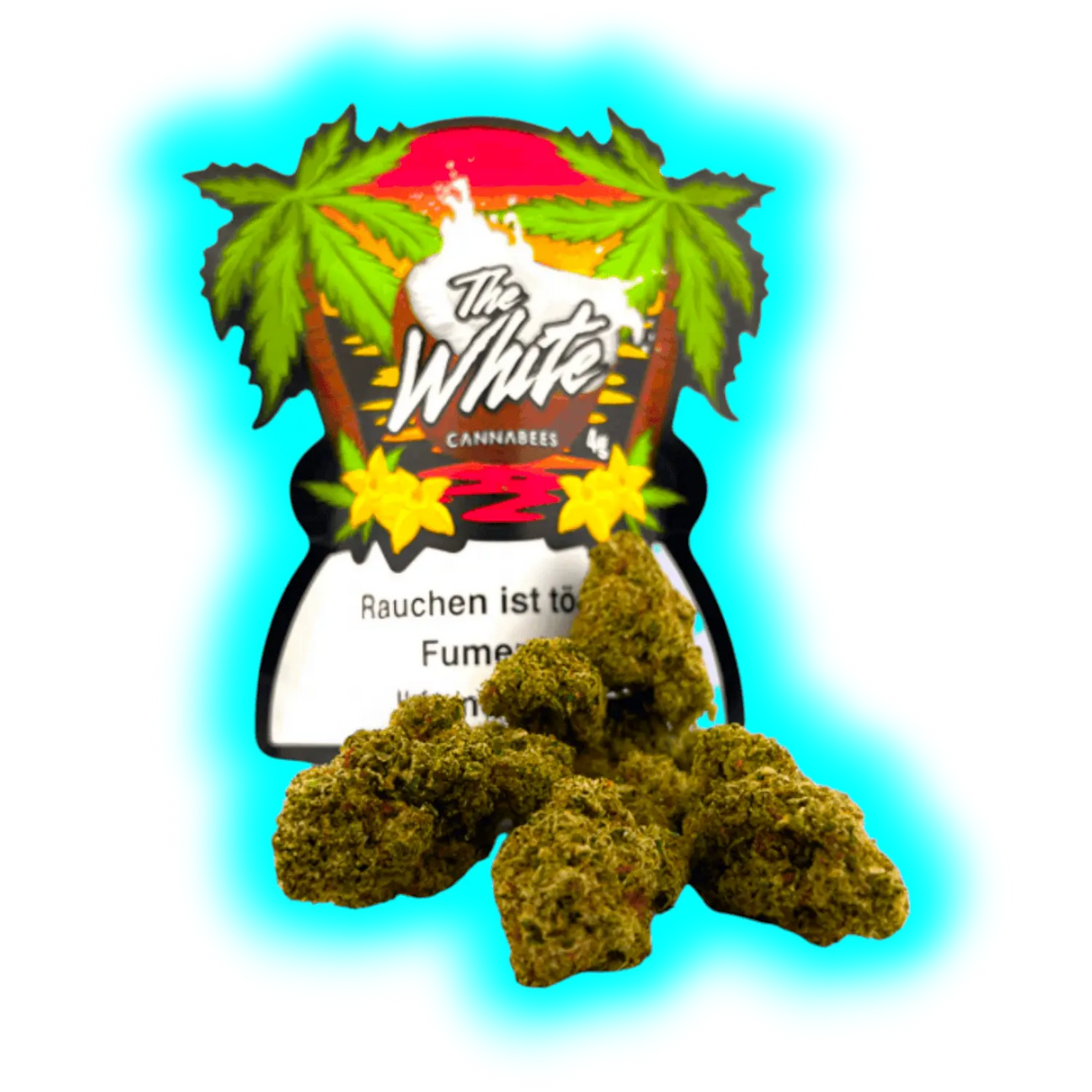 The White Cannabees 10g – CBD-Design mit sommerlichem Sonnenuntergang, Palmen-Grafik und floralen Elementen.