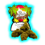 The White Cannabees 10g – CBD-Design mit sommerlichem Sonnenuntergang, Palmen-Grafik und floralen Elementen.