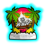 The White Cannabees – Produktverpackung mit exotischem Logo, Blumen-Grafik und dreisprachigen Gesundheitshinweisen.