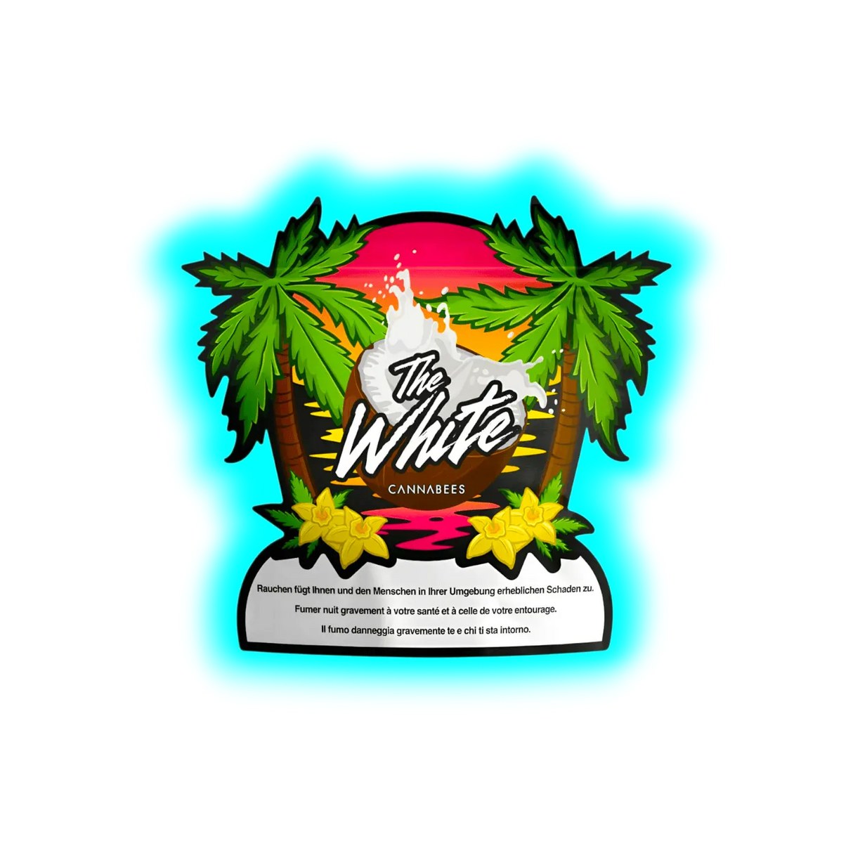 Logo mit zwei Palmen, gelben Blumen und einer Kokosnussschale mit weißer Flüssigkeit, darüber der Schriftzug 'The White' und darunter 'CANNABEES', darunter Warnhinweis in Deutsch, Französisch und Italienisch