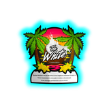 Logo mit zwei Palmen, gelben Blumen und einer Kokosnussschale mit weißer Flüssigkeit, darüber der Schriftzug 'The White' und darunter 'CANNABEES', darunter Warnhinweis in Deutsch, Französisch und Italienisch