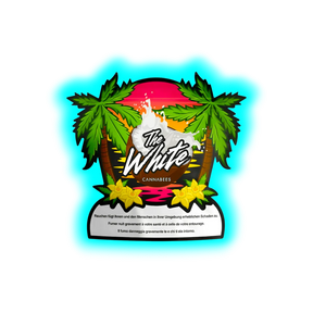 Logo mit zwei Palmen, gelben Blumen und einer Kokosnussschale mit weißer Flüssigkeit, darüber der Schriftzug 'The White' und darunter 'CANNABEES', darunter Warnhinweis in Deutsch, Französisch und Italienisch