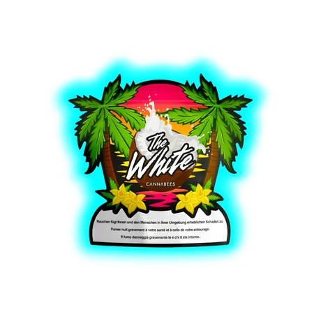 Logo mit zwei Palmen, gelben Blumen und einer Kokosnussschale mit weißer Flüssigkeit, darüber der Schriftzug 'The White' und darunter 'CANNABEES', darunter Warnhinweis in Deutsch, Französisch und Italienisch