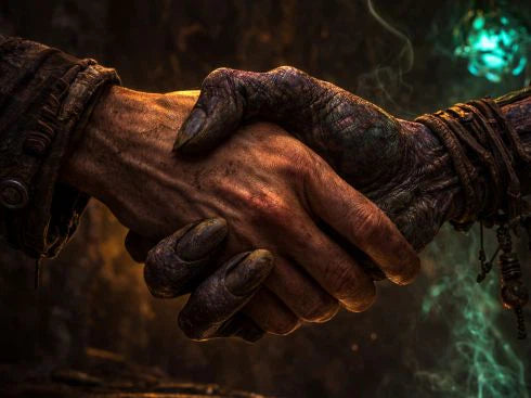Symbolischer Handschlag zwischen Mensch und fremdem Wesen als Zeichen für Vertrauen und Zusammenarbeit