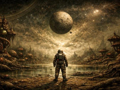 Astronaut blickt auf fremde Landschaft mit Planeten am Himmel als Symbol für Vision, Entdeckung und Zukunft