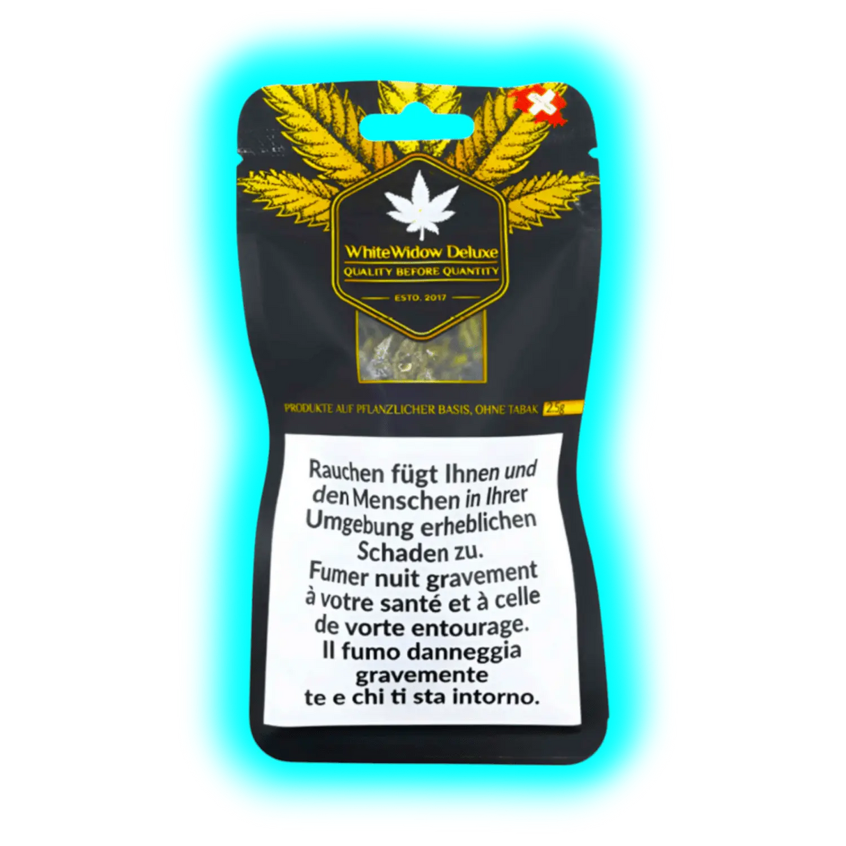 Ausschnitt: Das White Widow Deluxe Branding über den obligatorischen Warntexten ‚Rauchen ist tödlich / Smoking kills‘ etc.