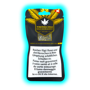 Ausschnitt: Das White Widow Deluxe Branding über den obligatorischen Warntexten ‚Rauchen ist tödlich / Smoking kills‘ etc.