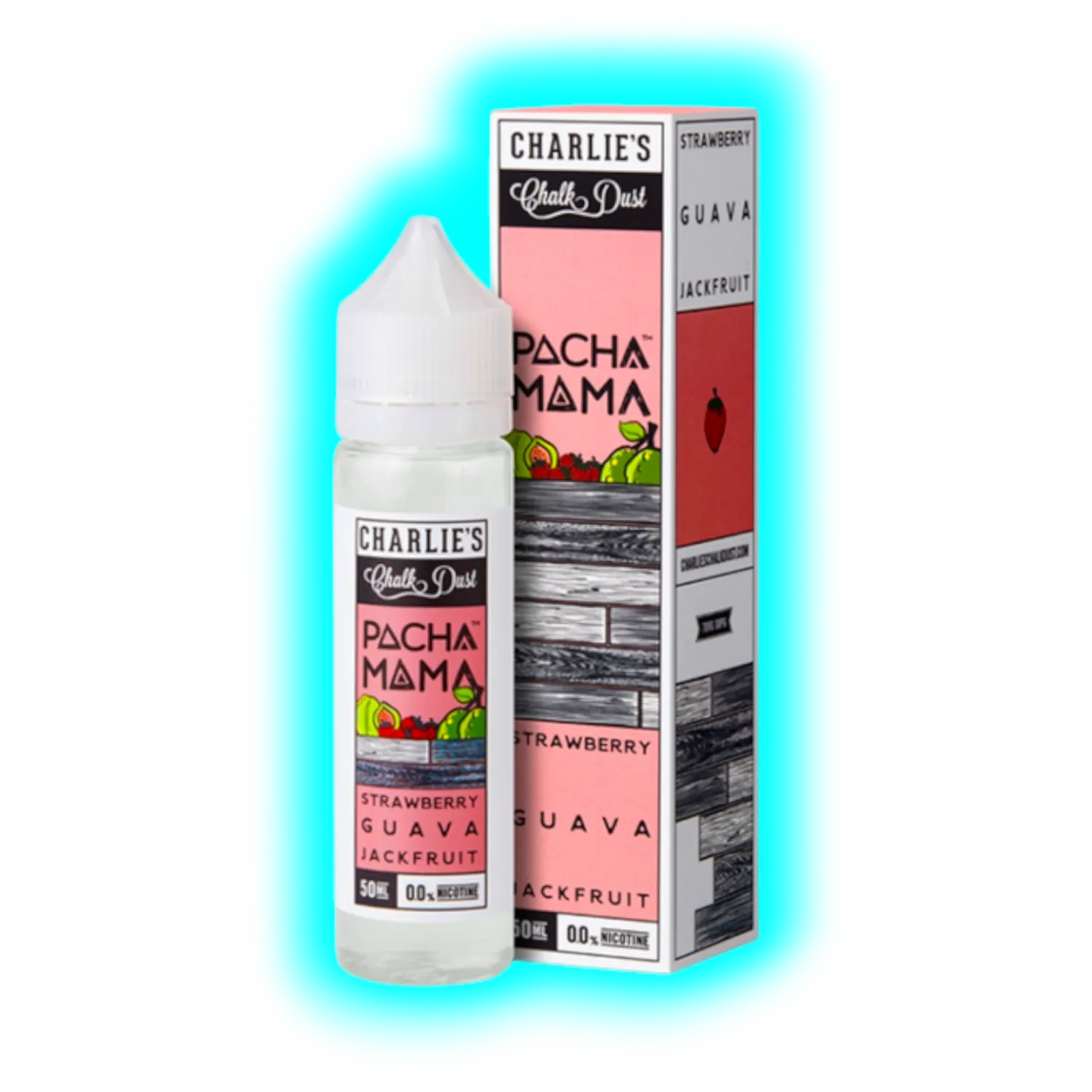 Flasche und Verpackung von Charlies Chalk Dust Pacha Mama Strawberry Guava Jackfruit E-Liquid mit Fruchtmotiven und Text auf rosa und weißem Hintergrund