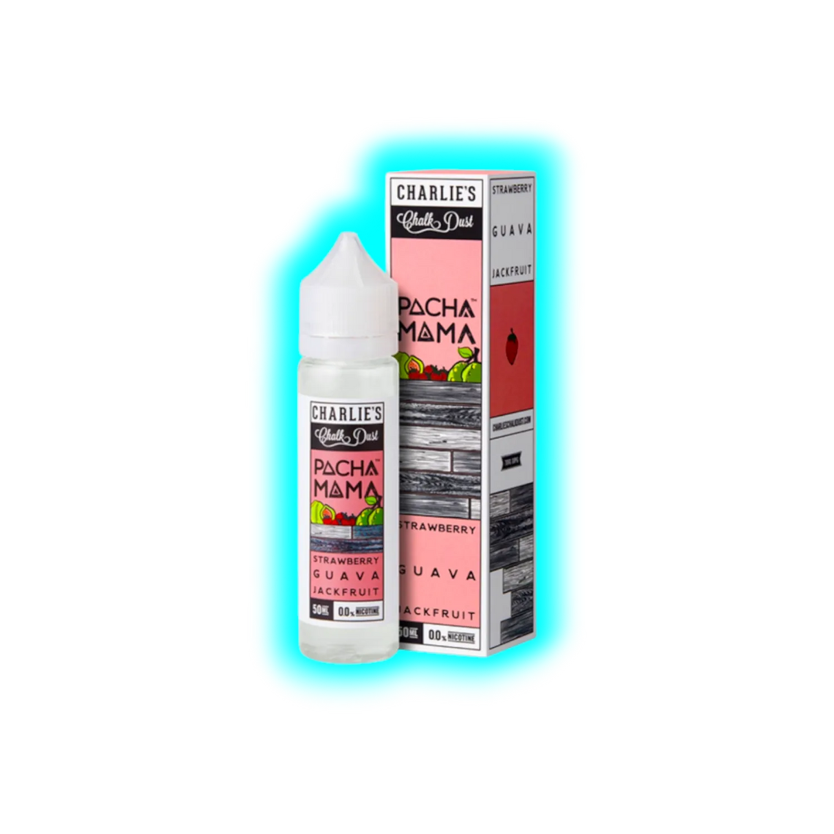 Flasche und Verpackung von Charlies Chalk Dust Pacha Mama Strawberry Guava Jackfruit E-Liquid mit Fruchtmotiven und Text auf rosa und weißem Hintergrund
