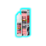 Flasche und Verpackung von Charlies Chalk Dust Pacha Mama Strawberry Guava Jackfruit E-Liquid mit Fruchtmotiven und Text auf rosa und weißem Hintergrund