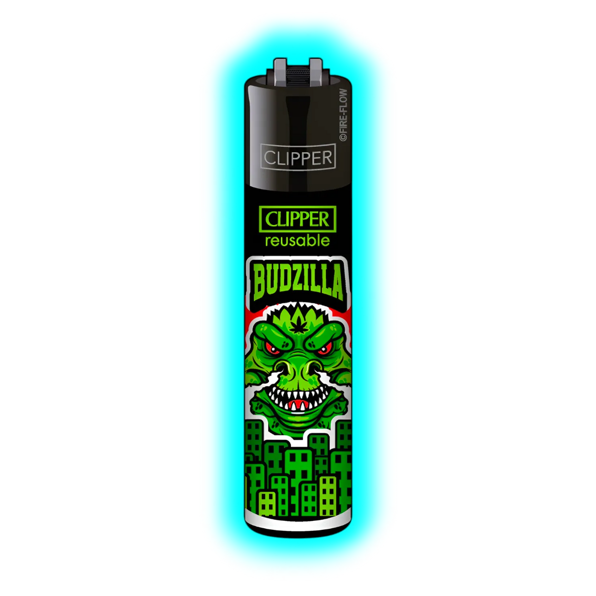 Schwarzes Clipper-Feuerzeug mit grünem Monster-Motiv und weißem Schriftzug BUDZILLA