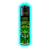 Schwarzes Clipper-Feuerzeug mit grünem Monster-Motiv und weißem Schriftzug BUDZILLA