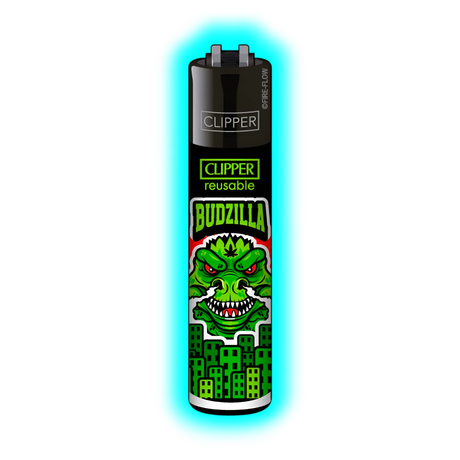 Schwarzes Clipper-Feuerzeug mit grünem Monster-Motiv und weißem Schriftzug BUDZILLA