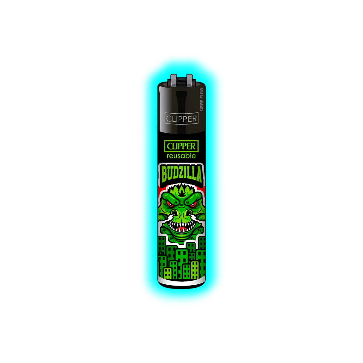 Schwarzes Clipper-Feuerzeug mit grünem Monster-Design und der Aufschrift 'BUDZILLA'