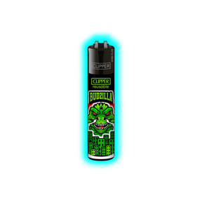Schwarzes Clipper-Feuerzeug mit grünem Monster-Design und der Aufschrift 'BUDZILLA'