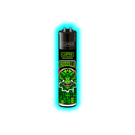 Schwarzes Clipper-Feuerzeug mit grünem Monster-Design und der Aufschrift 'BUDZILLA'