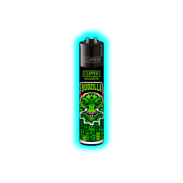 Schwarzes Clipper-Feuerzeug mit grünem Monster-Design und der Aufschrift 'BUDZILLA'