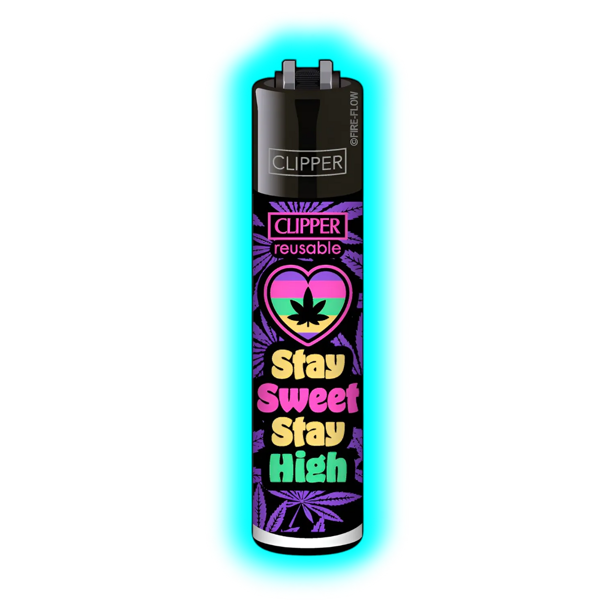 Schwarzes Clipper-Feuerzeug mit buntem Herz-Motiv inklusive Cannabisblatt und Schriftzug Stay Sweet Stay High