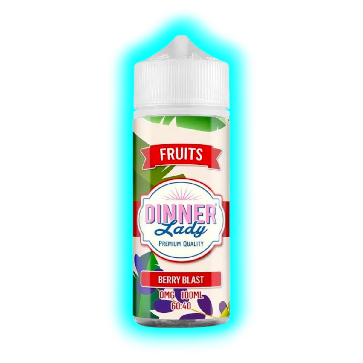 Flasche mit Aufschrift 'Dinner Lady Premium Quality Berry Blast 0MG 100ML 60:40' und Fruchtmotiv