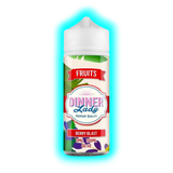 Flasche mit Aufschrift 'Dinner Lady Premium Quality Berry Blast 0MG 100ML 60:40' und Fruchtmotiv