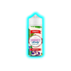 Flasche mit Aufschrift 'Dinner Lady Premium Quality Berry Blast 0MG 100ML 60:40' und Fruchtmotiv
