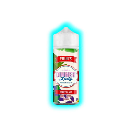Flasche mit Aufschrift 'Dinner Lady Premium Quality Berry Blast 0MG 100ML 60:40' und Fruchtmotiv