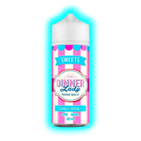 Flasche mit weißem Deckel und Etikett in rosa-weißen Streifen mit der Aufschrift 'Dinner Lady Premium Quality Bubble Trouble 0MG 100ML 60:40'