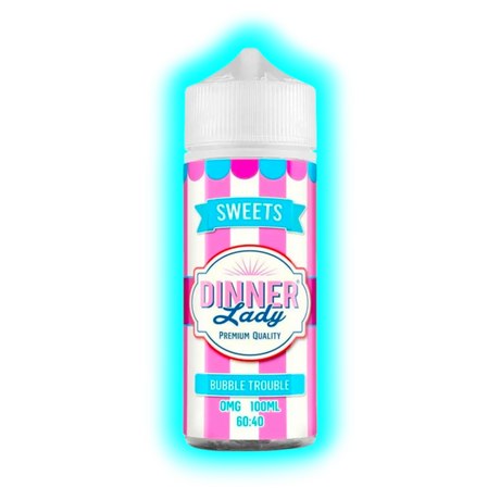 Flasche mit weißem Deckel und Etikett in rosa-weißen Streifen mit der Aufschrift 'Dinner Lady Premium Quality Bubble Trouble 0MG 100ML 60:40'