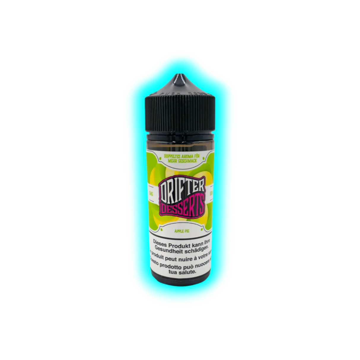 Flasche mit schwarzem Schraubverschluss und Etikett mit der Aufschrift 'DRIFTER DESSERTS APPLE PIE' und Warnhinweis in mehreren Sprachen