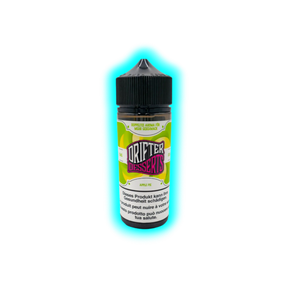 Flasche mit schwarzem Schraubverschluss und Etikett mit der Aufschrift 'DRIFTER DESSERTS APPLE PIE' und Warnhinweis in mehreren Sprachen