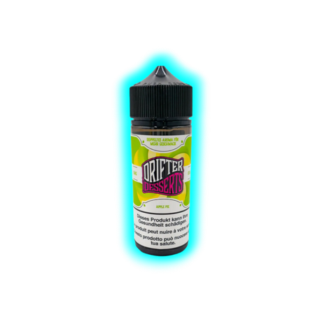 Flasche mit schwarzem Schraubverschluss und Etikett mit der Aufschrift 'DRIFTER DESSERTS APPLE PIE' und Warnhinweis in mehreren Sprachen