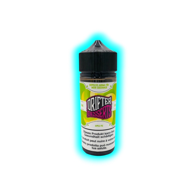 Flasche mit schwarzem Schraubverschluss und Etikett mit der Aufschrift 'DRIFTER DESSERTS APPLE PIE' und Warnhinweis in mehreren Sprachen