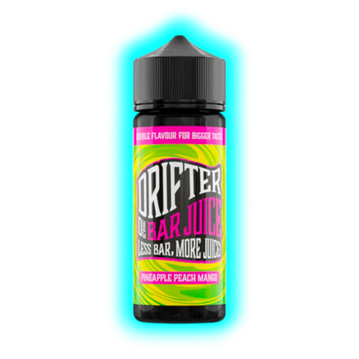 Flasche mit schwarzem Deckel und farbigem Etikett mit der Aufschrift 'DRIFTER BAR JUICE PINEAPPLE PEACH MANGO'