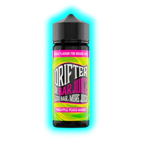 Flasche mit schwarzem Deckel und farbigem Etikett mit der Aufschrift 'DRIFTER BAR JUICE PINEAPPLE PEACH MANGO'
