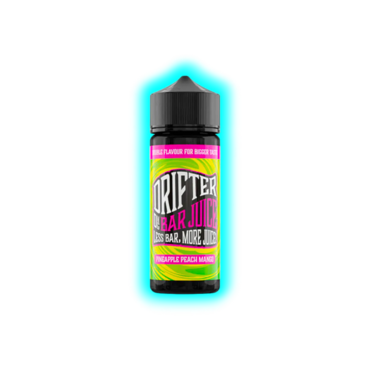 Flasche mit schwarzem Deckel und farbigem Etikett mit der Aufschrift 'DRIFTER BAR JUICE PINEAPPLE PEACH MANGO'