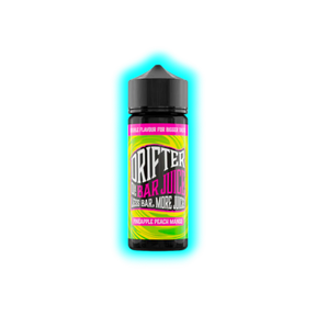 Flasche mit schwarzem Deckel und farbigem Etikett mit der Aufschrift 'DRIFTER BAR JUICE PINEAPPLE PEACH MANGO'