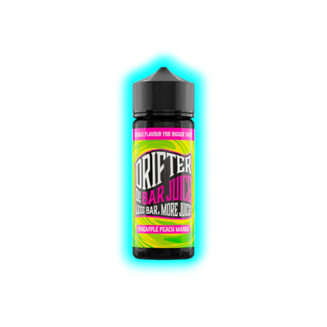 Flasche mit schwarzem Deckel und farbigem Etikett mit der Aufschrift 'DRIFTER BAR JUICE PINEAPPLE PEACH MANGO'