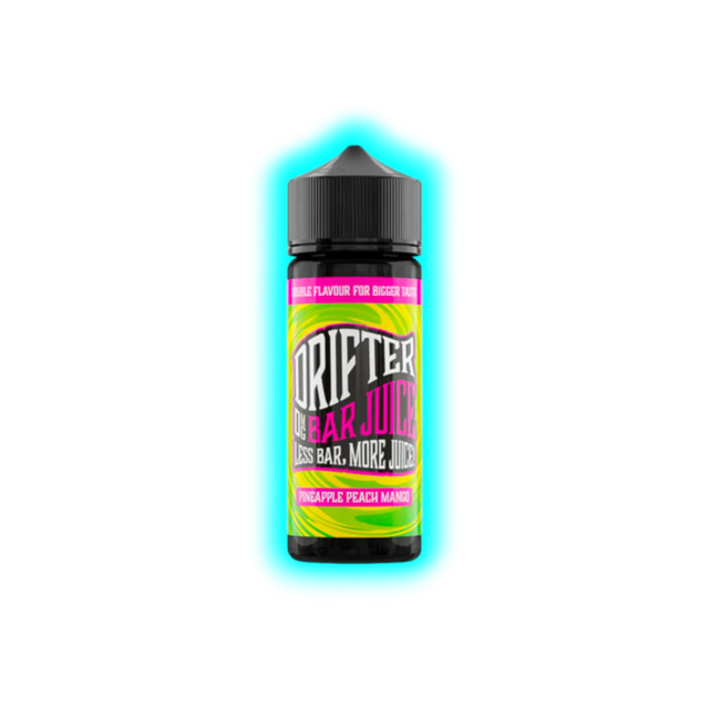 Flasche mit schwarzem Deckel und farbigem Etikett mit der Aufschrift 'DRIFTER BAR JUICE PINEAPPLE PEACH MANGO'