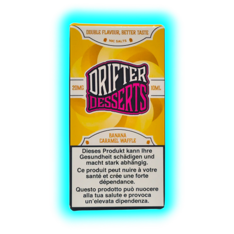 Verpackung mit der Aufschrift 'DRIFTER DESSERTS' und 'BANANA CARAMEL WAFFLE' sowie Warnhinweisen in Deutsch, Französisch und Italienisch