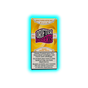 Verpackung mit der Aufschrift 'DRIFTER DESSERTS' und 'BANANA CARAMEL WAFFLE' sowie Warnhinweisen in Deutsch, Französisch und Italienisch