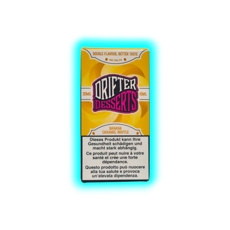 Verpackung mit der Aufschrift 'DRIFTER DESSERTS' und 'BANANA CARAMEL WAFFLE' sowie Warnhinweisen in Deutsch, Französisch und Italienisch