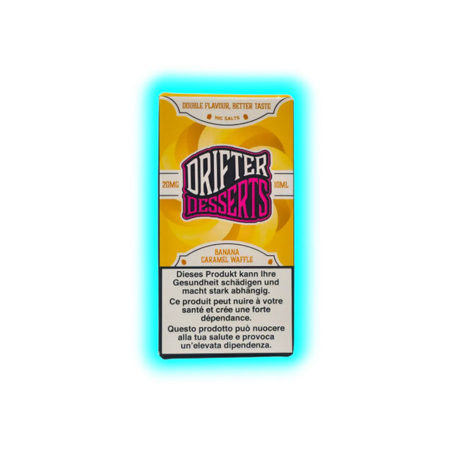 Verpackung mit der Aufschrift 'DRIFTER DESSERTS' und 'BANANA CARAMEL WAFFLE' sowie Warnhinweisen in Deutsch, Französisch und Italienisch