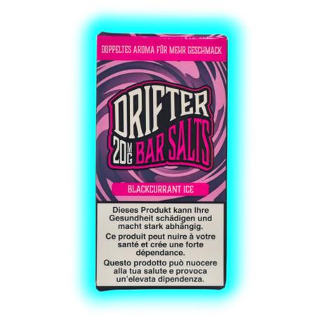 Verpackung mit der Aufschrift 'DRIFTER 20MG BAR SALTS BLACKCURRANT ICE' und Warnhinweisen in Deutsch, Französisch und Italienisch