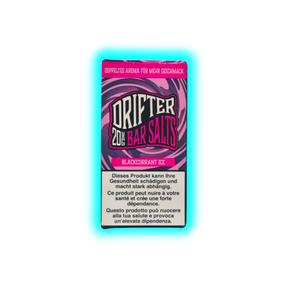 Verpackung mit der Aufschrift 'DRIFTER 20MG BAR SALTS BLACKCURRANT ICE' und Warnhinweisen in Deutsch, Französisch und Italienisch