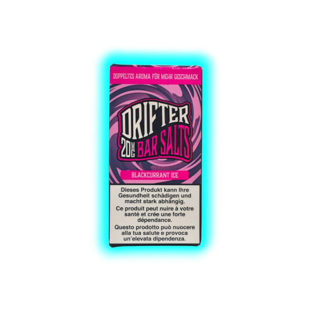 Verpackung mit der Aufschrift 'DRIFTER 20MG BAR SALTS BLACKCURRANT ICE' und Warnhinweisen in Deutsch, Französisch und Italienisch