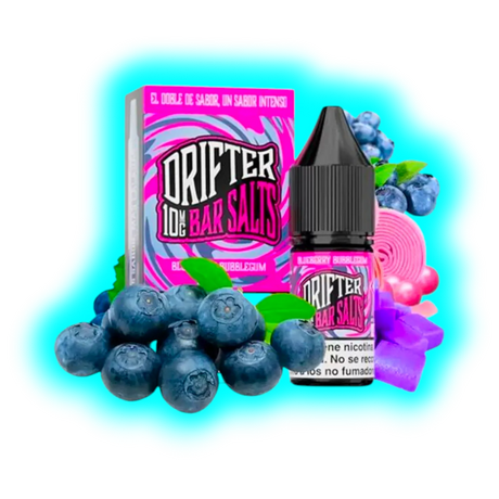 Flasche und Verpackung von Drifter Bar Salts mit Blaubeer- und Kaugummimotiv sowie Blaubeeren und rosa Kaugummistreifen im Hintergrund