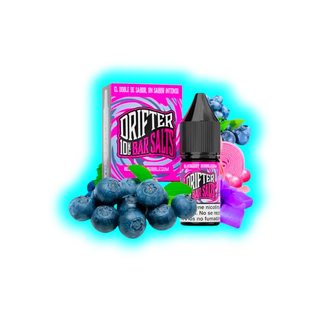Flasche und Verpackung von Drifter Bar Salts mit Blaubeer- und Kaugummimotiv sowie Blaubeeren und rosa Kaugummistreifen im Hintergrund