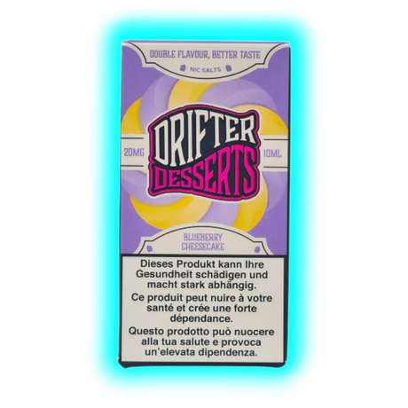 Verpackung eines Drifter Desserts Blueberry Cheesecake Nikotinsalzes mit Warnhinweis in mehreren Sprachen
